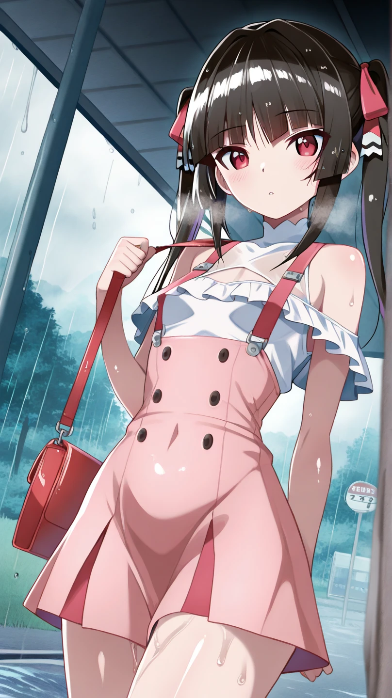 masterpiece, Highest quality, Nico_Yazawa,High resolution, 1 Girl, alone, Brown Hair, short hair, Twin tails、Purple eyes, , , (Cleavage)、(Beautiful thighs), Carrying a red backpack, (randoseru backpack:1.2) Sweaty、Thick thighs、Highest quality、4K、1girl, 8years old, loli, cute, grin, 、White school swimsuit、on the train、Many passersby are surrounding the girl.、、Thick thighs、Ahegao、Men holding their penises and surrounding girls、Semen from the penis、Bukkake、Bukkake、(Bukkake)projectile cum、Blowjob