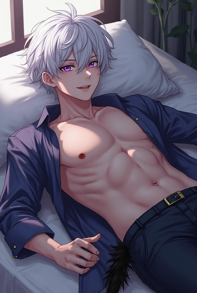 "A shapeshifter with curly PurpleGrey hair, Dove Grey eyes, and stubble, dressed in seductive lingerie." (MALE)