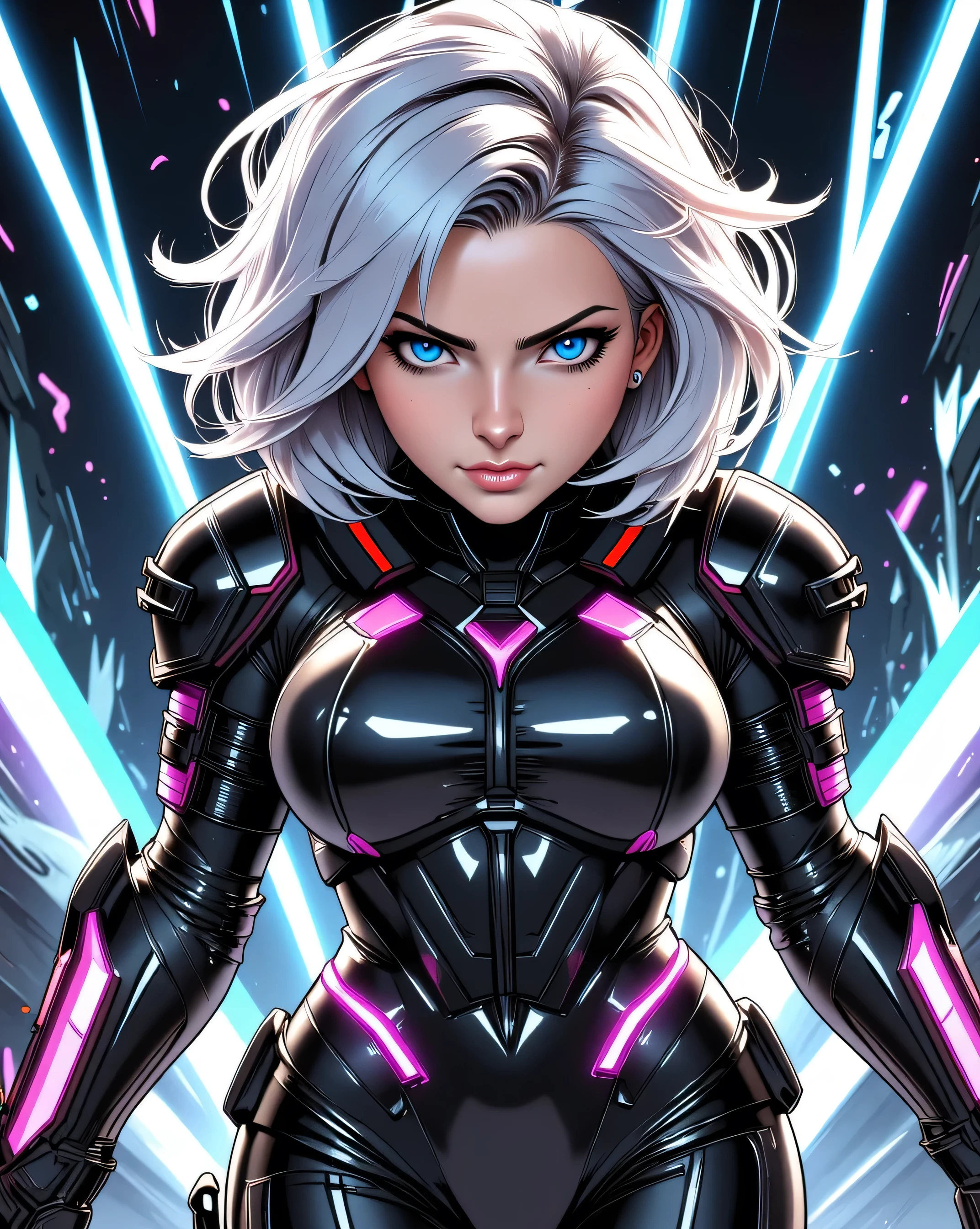 Angry young anime girl with detailed skin and wild eyes, short and energetic build, standing with wide stance while holding dual futuristic pistols, wearing a black cropped armored jacket with glowing wires, wind blowing her short white hair, battle-ready pose, background filled with blue neon sparks, anime 3D style, full body, ultra detail, no smoke