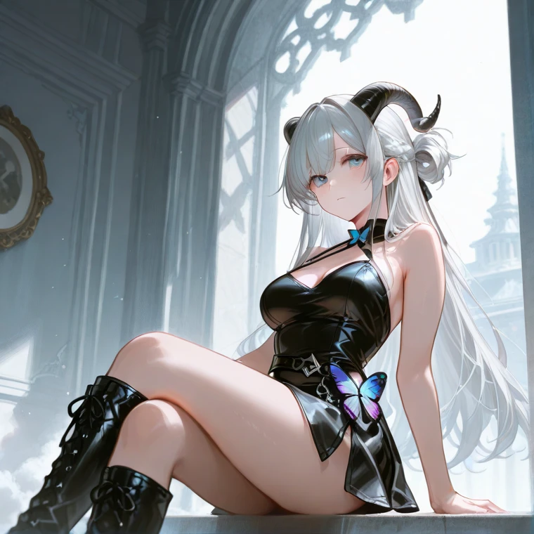 succubus, The horns of sheep, Long white hair, Purple eyes, Nice and delicate face, A shy expression, nude, Lace pattern, Plump Chest, Black pantyhose, No shoes., Beautiful and delicate feet, Tilt one's legs, Sit on the bed, Full-body photo, Bedroom background, Beautiful details, Luxurious, Lace, Surreal, grace, A beautiful background, The best quality, masterpiece, Very delicate and beautiful., Very detailed, CG, Astonishing, Fine details, The best quality, Official art, Very detailed CG unity 8k wallpaper, Illustration, 8k