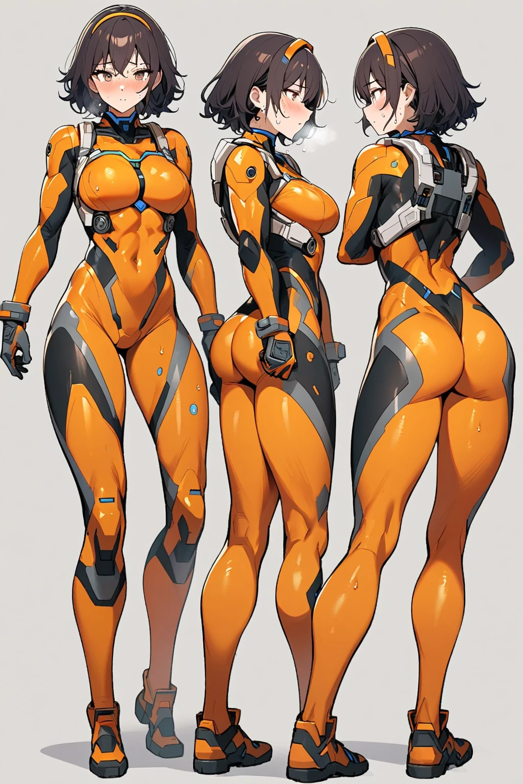 (Character design sheet, forehead, side, back, head, clothing), a girl, 18 years old, 1.60 meters, Short hair, ((disheveled red color and orange highlights)), amber eyes ((bright and sparkling)), Tanned complexion, light freckles, futuristic clothing, Technological, ((combines futuristic and punk elements)), black leather jacket, ((Led lights incorporated in the shoulders)), tight shirt, metallic details, tight pants, ((holographic panels)), defiant look, mischievous smile