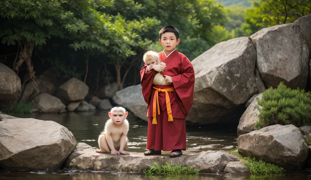 A picture,Face shot,A cute little bald monk,Sit upright,largeeyes,White teeth are exposed,wearing traditional robes,Take wooden fish, for example, For example,Plays drums,Sit in front of a brown Buddhist temple。