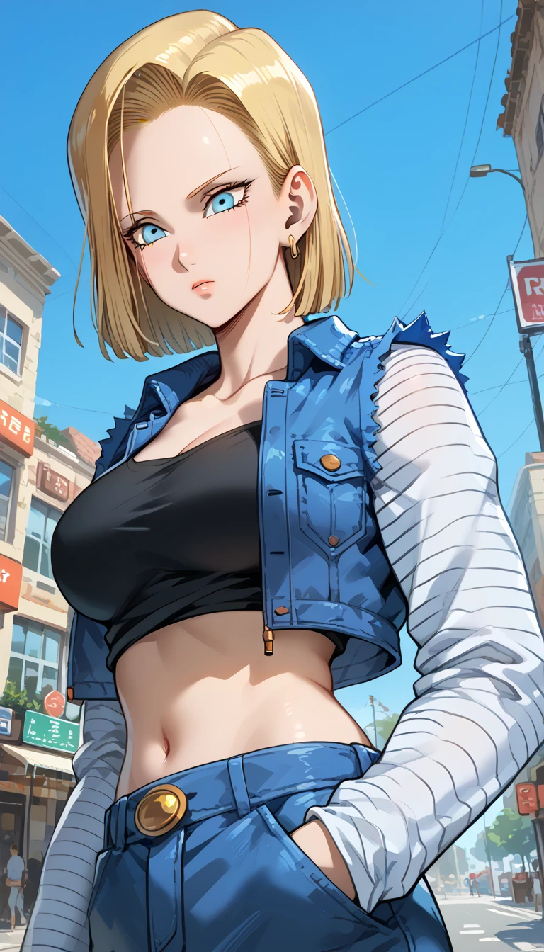 Android 18, ( upper body closeup photo ), ( Bokeh effect ), (cowboy shot adjusted mercilla ), very seductive, seductive pose, smiling, solution, muito solution, ultra high definition, master part, ultra high quality, ultra detailing, 8k, big breasts peeking out from under the top , topless , saia blue jeans showing bucetaAndroid 18 fit body. Wide hips, very short clothes, blonde hair. Piercing in oezon marked