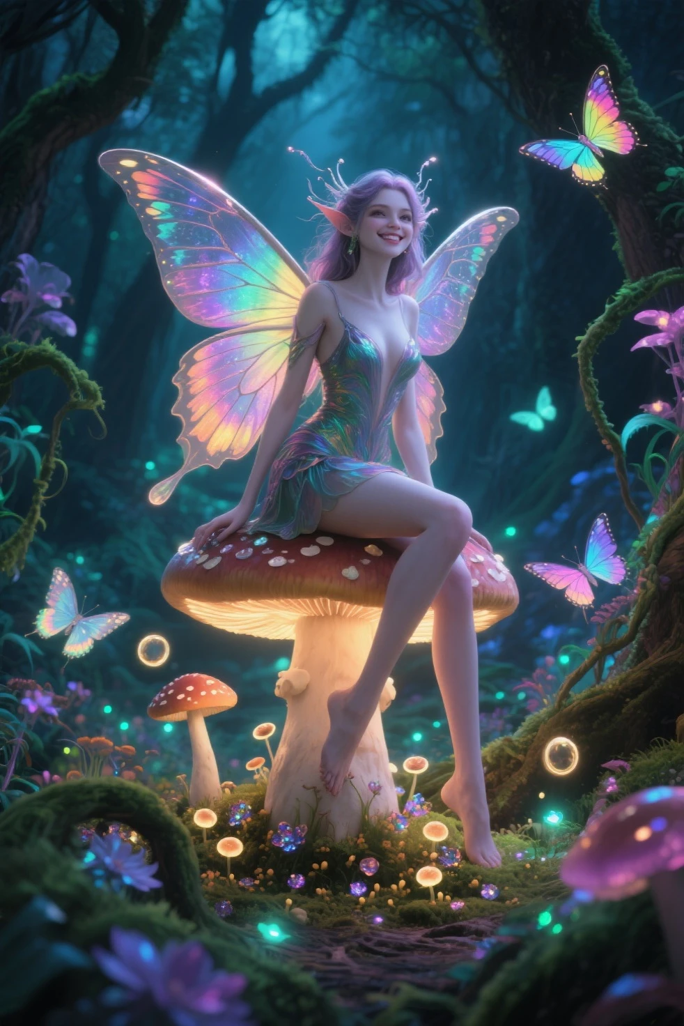 aa picture of an exquisite beautiful female fairy sitting on a (Bioluminescent Mushroom: 1.4) under the starry night sky at the forest, dynamic angle (ultra detailed, Masterpiece, best quality), ultra detailed face (ultra detailed, Masterpiece, best quality), ultra feminine, fare skin, (pink hair: 1.2), wavy hair, dynamic eyes color, glowing eyes, intense eyes, red lips, wearing white dress, elegant silk dress (ultra detailed, Masterpiece, best quality),  fairy wings DonMF41ryW1ng5XL (ultra detailed, Masterpiece, best quality), wearing high heeled boots, phosphorous glowing colouredglazecd_xl (Bioluminescent Mushroom: 1.3), with vibrant green shade, vibrant blue shade, glowing particle sky full of stars background, moon, beat details, best quality, 8k, [ultra detailed], masterpiece, best quality, (ultra detailed), full body, ultra wide shot, photorealism, fantasy art,