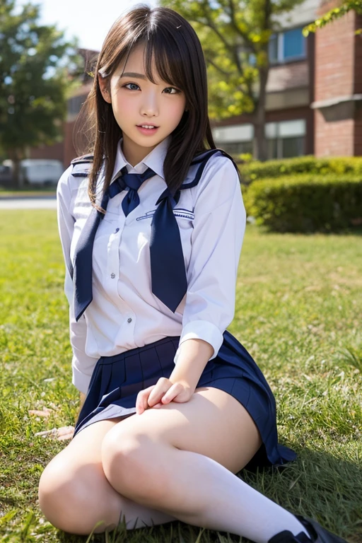 Pure Japanese school girl, classic uniforms, panty, sitting, dazzling summer sunlight, sweet temptation,