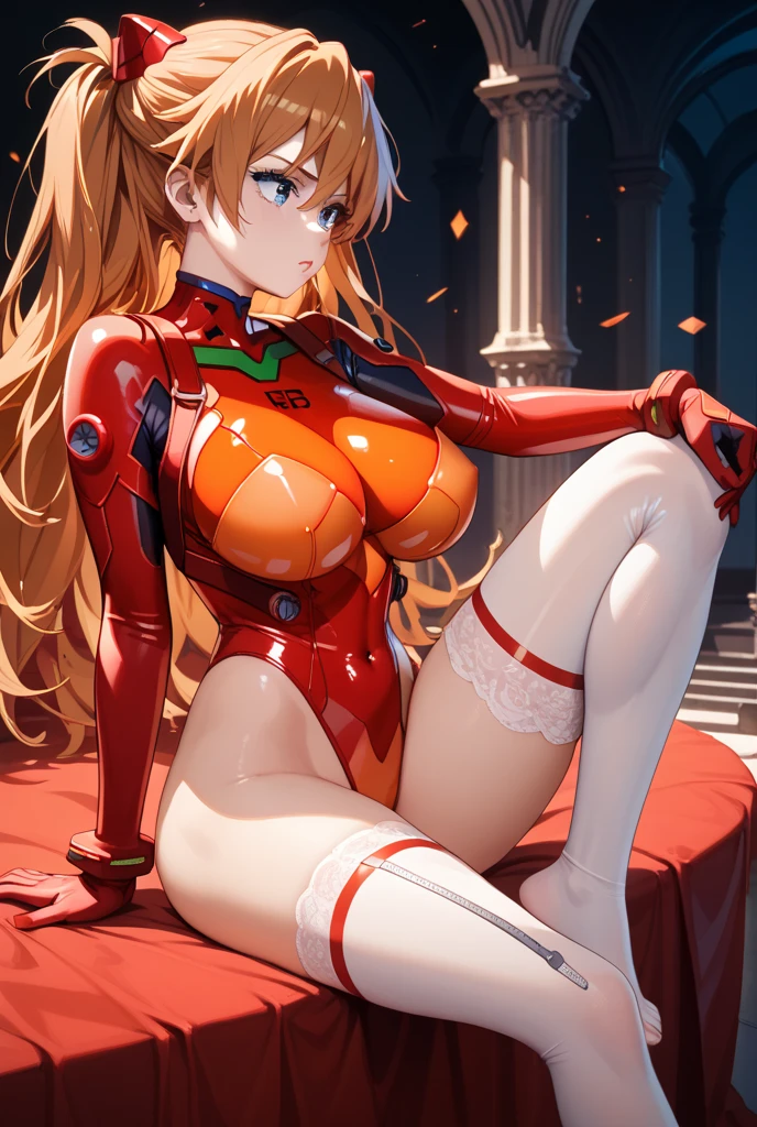 masterpiece, best quality, highres, hmeris, orange hair, red eyes, cat ears, cat tail, huge breasts, red leotard, ascot, jingle bell, long sleeves, white thighhighs, loose belt, pouch, red gloves, indoor,standing,smile
