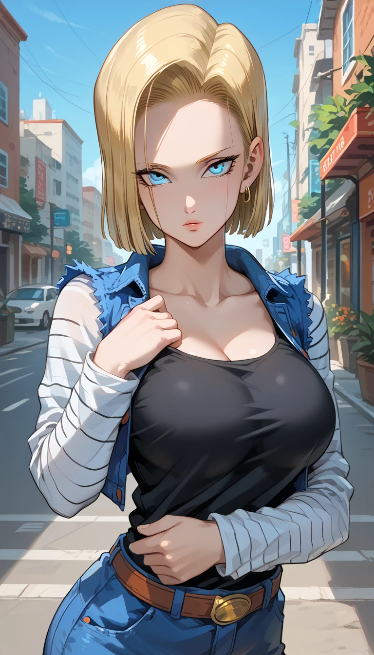masterpiece, Highest quality, Unreal Engine, Super Resolution, Very detailed,
Beautiful woman, Android 18, Vivid expression, Healthy Body, Beautifully detailed sweat glands, Smooth skin texture, Carefully drawn,
(humidity:1.2), Beautiful Eyes, (Attractive face:1.2), (Beautiful Skin), (Big Breasts), Puffy nipples, (Sticky with sweat), In a dynamic pose,
In the world of Dragon Ball, Outdoor, In the city of the future,