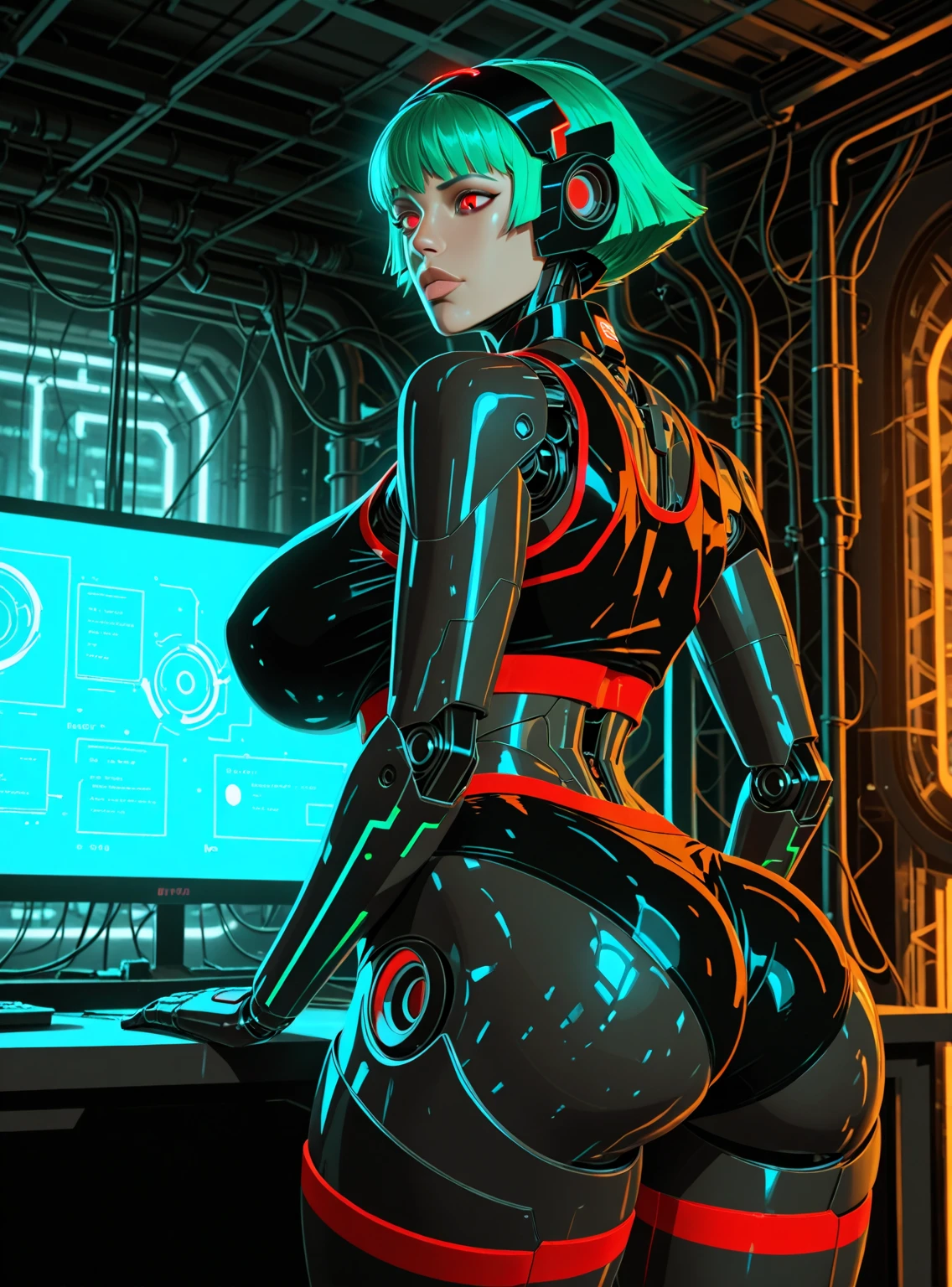 (nsfw5) (((1boy))), (((anime boy))), 20 years old, muscular body, latex suit, black latex, skintight no zipper neck entry latex suit, fullbody latex suit, shoulder plastic armour, ((wearing virtual reality headset1.5)), visible eyes, ((thick cables plugged on headset)), cat ears, cyborg, latex, cyberpunk, cyberpunk hospital, (thick cables plugged on crotch1.5), red lightning, mind reprogramming, ((corruption bodysuit)), blank stare, crotch bulge, restrained, (heads-up display), wearing black lipstick, (((cables plugged into cat ears3))), (((transformation into robot3))), (((assembly line arms5))), charging port on anus, (((charging cable plugged on anus3))), (battery percent level), charging station, robotic spine, cables plugged into spine, aquamarine suit lightning, open ring gag in mouth, (((super thick cable plugged on gag5))), progress bar on virtual reality headset