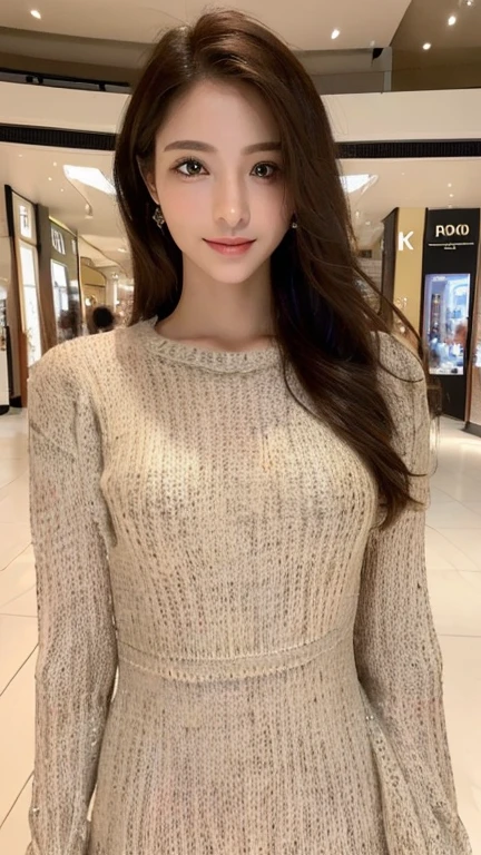 Masterpiece, 1 beautiful girl, A detailed eye, Puffy eyes, top-quality, 超A high resolution, (Realistic: 1.4), cinematic lighting, Japanese, Asian Beauty, Super beauty, Beautiful skin, A slender, Angle to shoot from the front, (A hyper-Realistic), (highlight resolution), (8K), (Very Detailed), (beautifully detailed eyes), (ultra-detailed)、 (wall-), A detailed face, Bright lighting, Professional lighting, looking at view, Facing straight ahead, (The costume a knitted dress), Long hair, hair messy, asymmetrical bangs, night street scene, Brown hair, Japan idle, Korean Idol, posing Gravure Idol, age25, tall, smile,