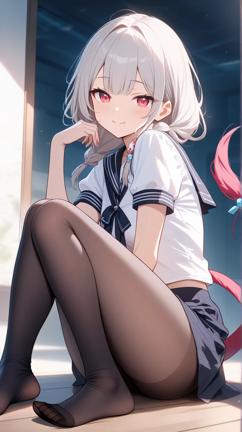 4 Girls with with grey hair, ((fringed and curly hair)),((curly short twintail)), curly hair ,(red eyes), ((small bushy eyebrows)), wearing gothic ta clothing, loli, walking to school, flirty smile,, walking to school, bored look, bored face,, (sitting with legs open lifting her skirt to show her vagina wet with semen),( 4 diferent girls having sex)