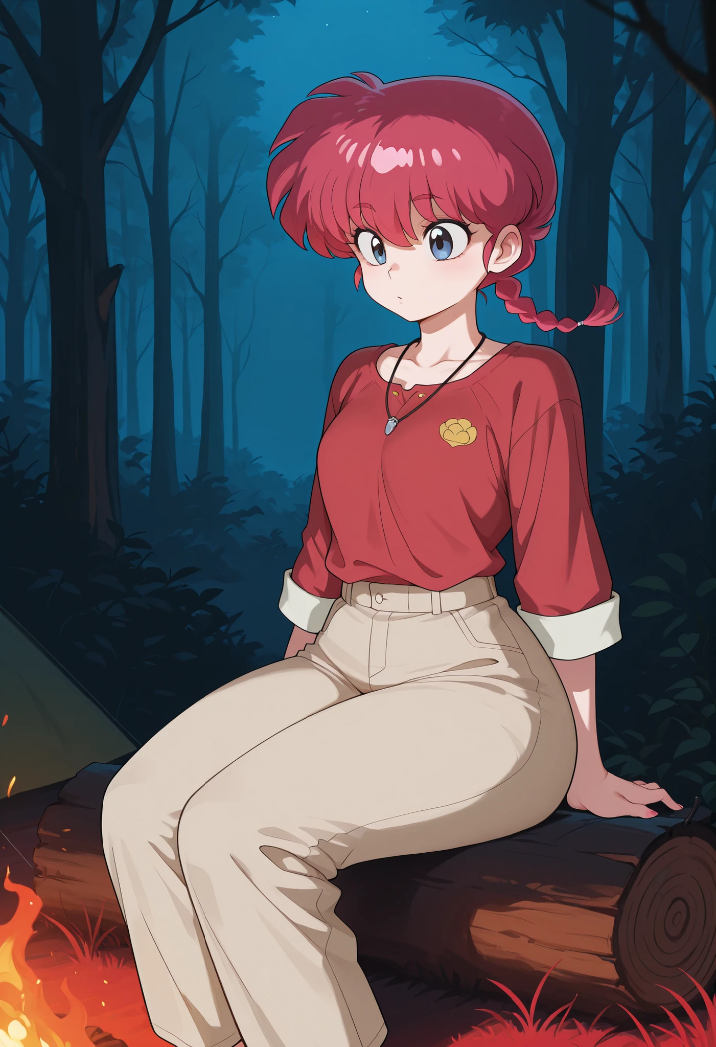 safe_pos, Ranma Saotome. red hair. pigtail. blue eyes. braid. small breasts. huge hips. necklace. black eyeliner. pink manicure. | score_9, score_8_up, score_7_up, dark forest background, night, dark forest, source_anime, scenery, (dark background:1.2), no eyes, red flora, rainforest, red grass, overgrown, Camp councillor uniform, female focus, solo, outdoors, campfire, tent, logs, night time, dark, sitting