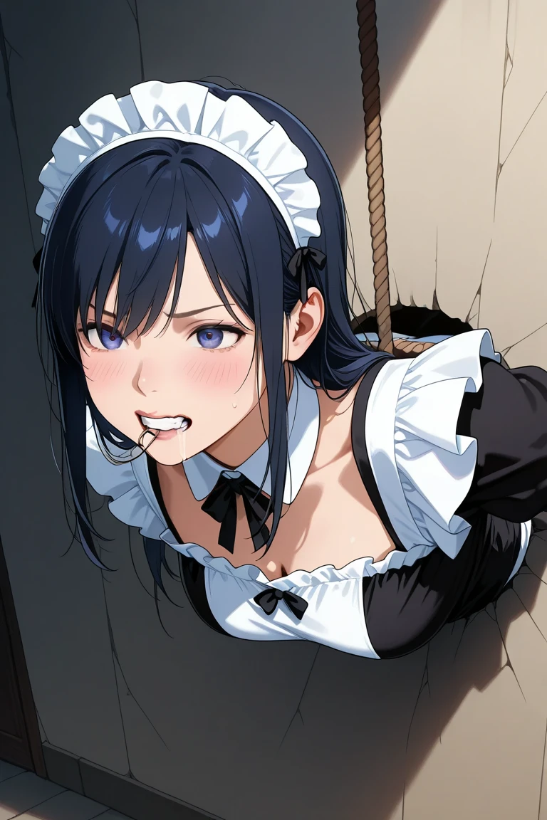(((1girl))), ((little girl)), whole body, shout, fucked silly, sexual ecstasy, ((fully naked)), perfect face, medium breasts, ((maid apron)), dog collar, ((cum on body)), ((cum on hair)), ((cum on facial)), ((cum on whole)), (((straight hair))), (long hair), ((excessive cum)), ((hentai)), vagina, squirting, orgasm, afterglow, midnight blue hair, liquid, teary eyes, tearful, cry, wailing face, despondent demeanor, pained countenance, tareme, ((girl trembling with sexual climax)), (((fellatio))), open mouth, kneeling, swallow penis, penis, dark alley, dynamic angle, from above, masterpiece, best quality, high details, anatomically correct, high quality, best quality