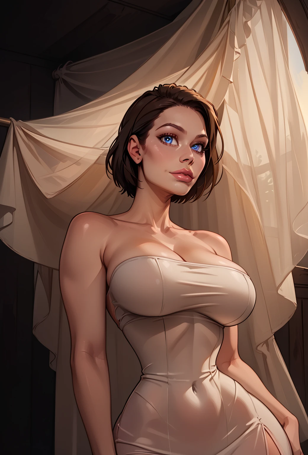 realistic detailed portrait of a beautiful young latina woman, long brown hair, large breasts nearly exposed, seductive expression, hyper detailed face with gorgeous brown eyes, full lips, glowing skin, intricate jewelry, flowing dress, dramatic lighting, cinematic composition, photorealistic, masterpiece