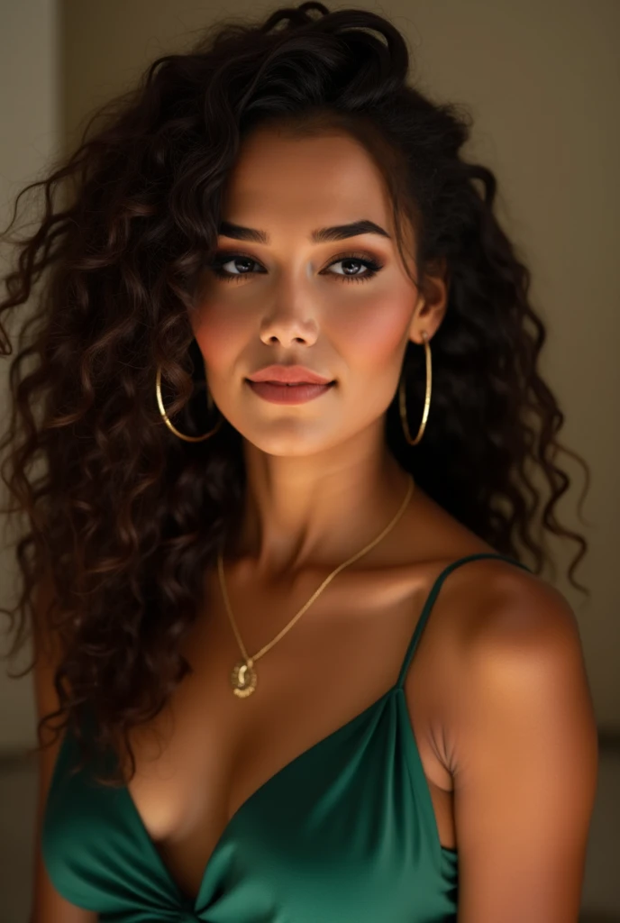 Completely Arafed woman with green eyes, wearing a pink dress in her room. Beautiful pink dress. Full-length photo of woman in pink dress. beautiful young black woman with dark skin, black Brazilian mixed race, beautiful 30 year old Afro-Latina girl, beautiful African and Latina, Brazilian and Angolan descent, a black woman, mixing African and indigenous features, a unique mix of indigenous, African and European ebony . The hair is extremely curly, with well-defined and voluminous curls. The natural texture. Her hair is long, falling in voluminous waves around her shoulders and down her back. The hair has a lot of volume, creating a full, dense appearance. The hair is black. green eyes, eye is green, green and expressive eyes, beautiful green eyes, realistic green eyes, detailed green eyes (eyeliner, long eyelashes). Perfect eyebrows and are thick. the nose is small and proportional, beautiful face. Attractive and irresistible mouth, well-defined lips, full lips, voluminous lips, seductive lips. The face is oval, with high cheekbones and a well-defined chin, a beautiful and detailed face. Professional, dramatic makeup, a more impactful look with shadows that accentuate the captivating look, Striking makeup, with eyeliner, black lipstick. Skin tone: Olive skin, healthy and with uniform shine, with olive skin, dark skin, sexy girl with skin brunette, detailed skin texture, beautiful and glowing skin, intricate details, smooth skin, healthy and radiant appearance. A woman has a well-defined and athletic body. Her silhouette is shapely, highlighting a thin waist in contrast to fuller hips and bust. She has a prominent bust, with large, firm breasts, silicone breasts, voluminous breasts. Thin waist. The hips are wide and well-defined, with a pronounced hourglass shape and a large butt. The legs are long and muscular, with well-defined thighs. 50 mm lens, f/2.8, hdr, (8K) RAW photo, high quality resolution 8K uhd, dslr, 2k, 4K, 8K, 16K.