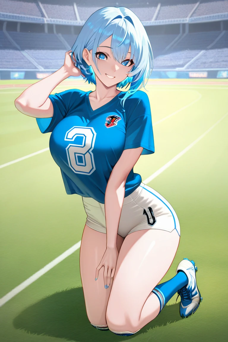 Blue-haired beautiful girl,Wearing a blue and white shirt of Tianjin TEDA,The breasts are extremely large,Super big breasts,Breasts burst jerseys,Thick thighs,Play soccer on the grass,Covered in sweat,With a smile,His face was flushed,Bare legged,long white socks,soccer cleats