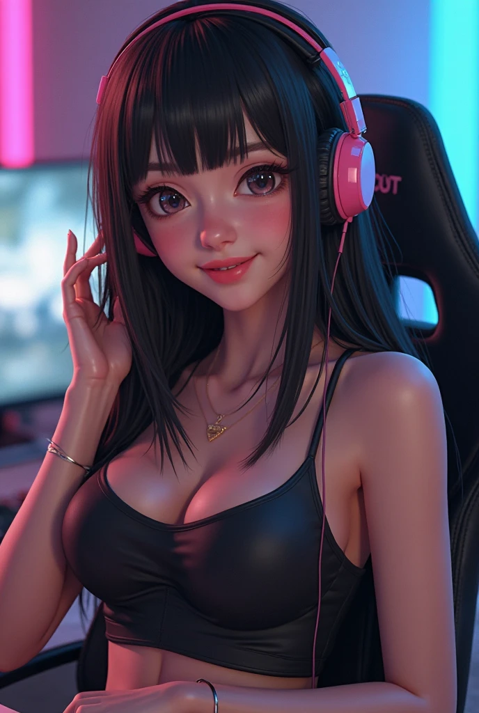 1girl, cute japanese girl, big eyes, sexy face, seductive smile, solo, stylist long hair, bangs, see through, hot erotic dress, thin short white clothes, navel, neon aqua eyes, double eyelids, pink perfect areolae, wear gamer headset, cat ears headset, sexy gamer girl, collar, collarbone, red sensual lips, off shoulder, natural small breast, flat chest, cleavage, show her underboobs, erotic, nsfw, glasses, blush, seductive smile, cute face, looking at viewer, sexy pose, bright green flat background, dark black hair, simple background, sexy pose, lips, closed mouth, ribbon, hair ribbon, stellar earings, bangs, upper body, parted bangs, red ribbon