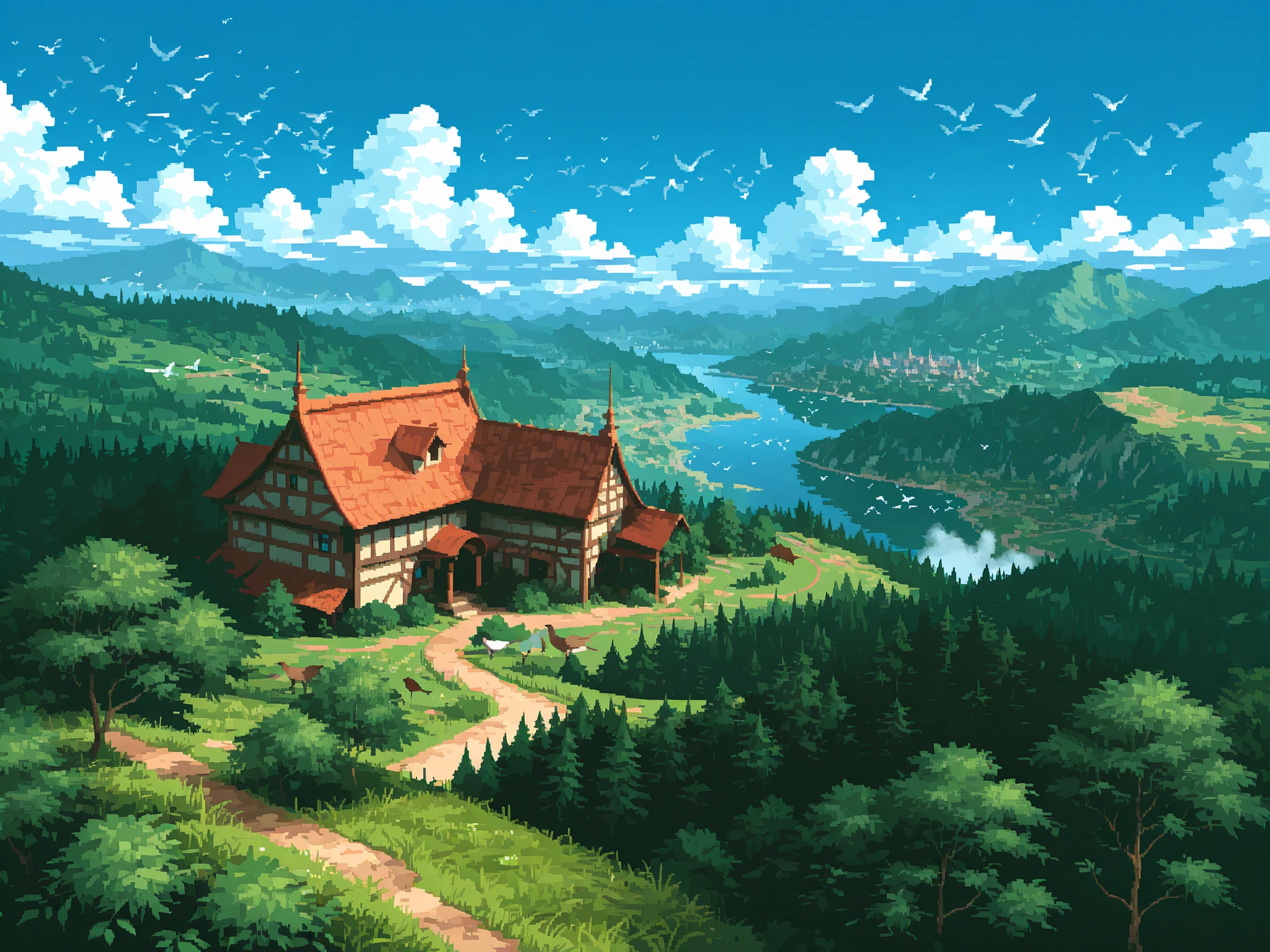 wide shot, Beautiful lake and old town viewed from a small hill, traveler, (greenery:1.6), (magnificent panorama view:1.3), fantasy world, flock of birds, blue sky, pixel art