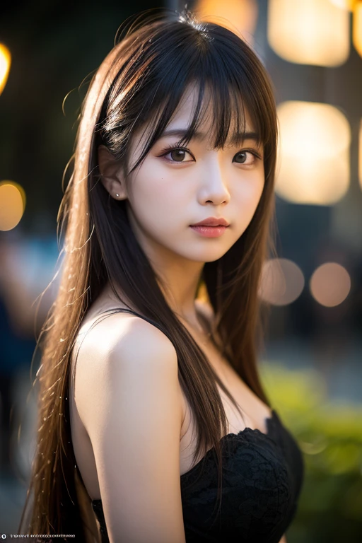 (Raw photo, Best Quality), (Realistic, Photorealsitic:1.4), masterpiece, extremely delicate and beautiful, Extremely detailed, 8k wallpaper, amazing, finely detail, extremely detailed CG Unity, hight resolution, (A dark park late at night), ((Dark background)), Sophisticated girl, black knit, loose clothes, hair messy, bangs, brown hair, modern, stylish, 