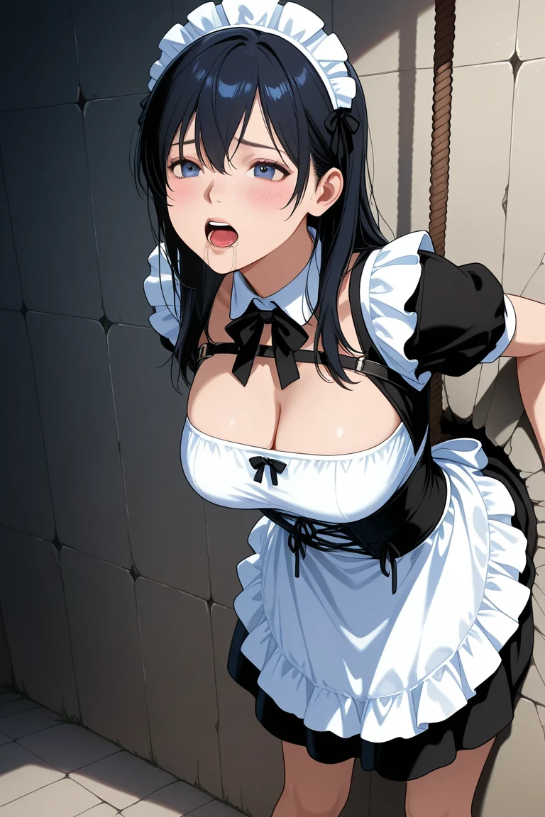 (Best Quality, masutepiece, Official art, hight resolution:1.2), the Extremely Detailed CG Unity 8K Wallpapers, photographrealistic, Ultra-detail, (24-year-old Japanese girl, solo, maid), Long hair, (black hair:1.2), (bangs), embarrassed, prefect face, Pre-Blue Eye, blush, (Busty breasts, nipples showing, drooping chest, cleavage:1.2), thighs thighs thighs thighs, Maid headdress, Waist apron, White Apron, frilld, black thighhighs, Choker, earrings, Bracelet, Standing, Look up,