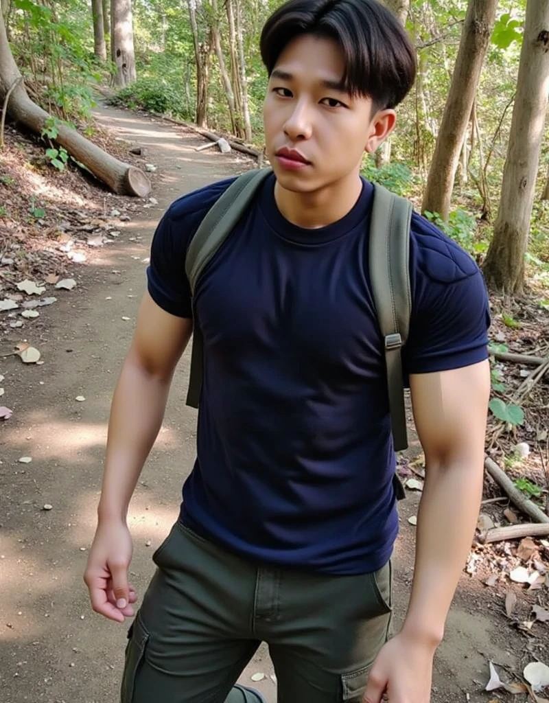 Masterpiece, Best Quality, Solo ,man,25 years old,Japanese,Tense muscles,Muscle shape,Brown hair,Long hair tie , wearing clear glasses, facial hair, buzz cut ,hairy chest, pubic hair,Take off your shirt, in tight jeans ,Large bulge、Crisp bulge、Erect bulge,brown hair, Natural eyes, Short hair, Carrying a black backpack,Put on the headphones.,playing with cell phone,Hiking in Japan, muscle body,Sexy Boy ,looking up at viewer, touching himself, Muscular posture,sensual