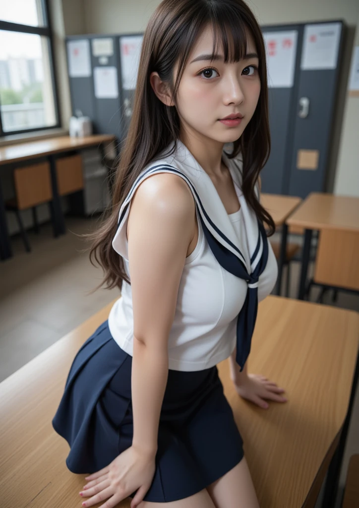 (masterpiece,best quality,high quality,high risk,Extremely detailed),8K,masterpiece,original photo,best quality,Reality, Complex facial details,1 girl,Fine fabric texture,School,classroom,18 years old,Upper Body,(short sleeve school uniform,Expose your armpits)