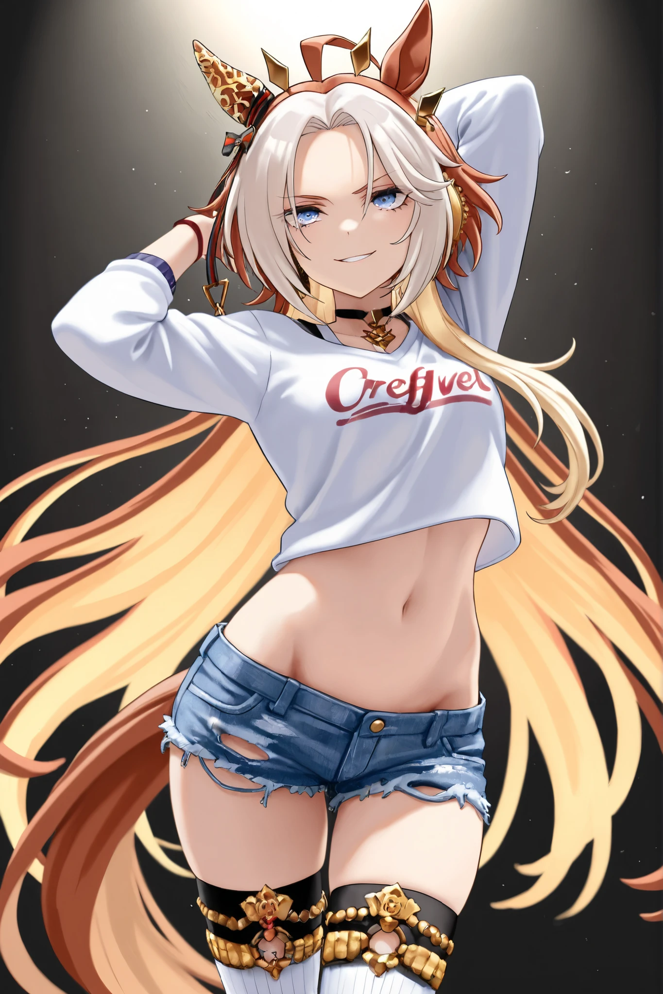 masterpiece, Highest quality, 1 person,(  Are standing, View your viewers),Detailed Background、A person who writes in detail、Accurate human body、Knowledgeable person、Accurate 5 fingers, woman,Curvy body,alone, orfevre\(umamusume\),,crop top, dolphin shorts, pussy juices, Condom,used Condoms,tattoo,Text,body Text,peekSex, pov doorway,Sex,((pussy juice))