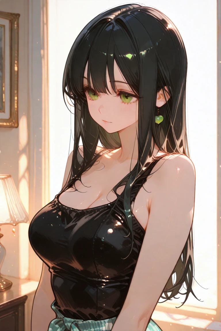 Best Quality,High resolution,8k,finelity detailed background,Masterpiece:1.2),beautiful girl,Shiny green hair,crossed bangs,Green Eyes,Gentle look,A refreshing look,smile,Best quality,Best Quality,Aesthetic and aesthetic:1.2,Best details((Super detailed))(High-definition CG illustrations),Upper Body,Dark grey underwear, (dark gray),Slender body,night,moon,Bedroom,On the bed,smile,blush,cute,Scrounge,Looking up,Being spoiled,super model,wariza,shoot from,below