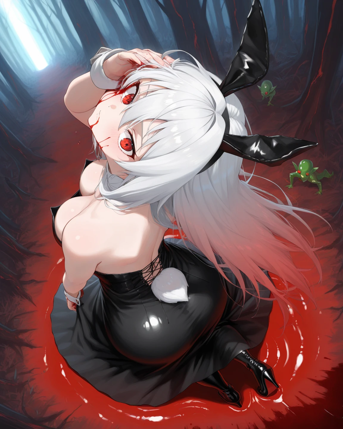 girl, (huge breasts size 128 cm), (narrow waist), Powerful woman, White hair, big butt size 130, beautiful face, fine features, Red eyes, SMILE, evil, psychopath, mileena costume, black suit, coming out of a river of blood
