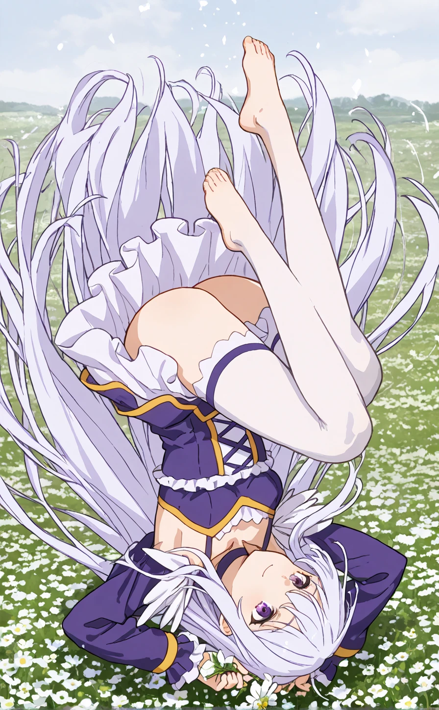 1girl,20s,solo,white short dress,white hair,long hair,elf ears,horns,white pantyhose,cleavage,closed eyes,((lying down, on the carpet)),smile,happy,:o,