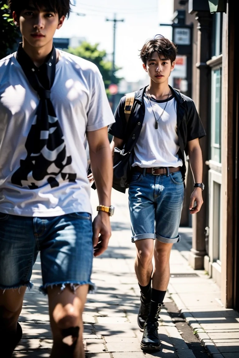 Two young men stand on the beach, men's hands and fingers, men's leg, Both wore blue short pants, Exposed their legs, Soft lighting, exquisite detailing, Professional photography, Sharp focus, Masterpiece, Best quality, 8K UHD