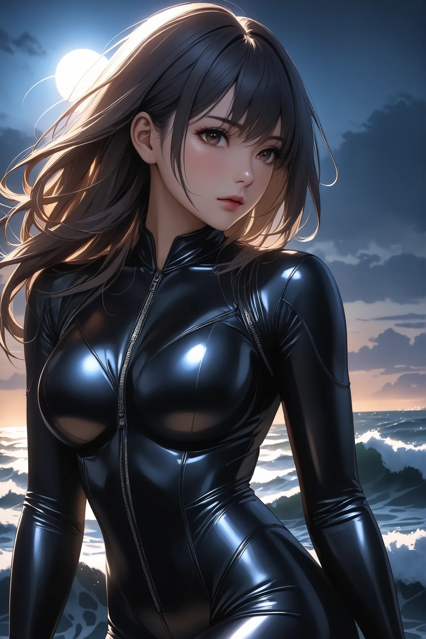 Cool and Beautiful Woman,Watching the Dark Ocean,expressive,Strong build,Wear a Tight Leather Rider Suit, Latex Cyber Bodysuit, dense atmosphere,Dramatic Pre-Dawn Quay,dark scene , Very Dark Dawn, Backlight, Showing Hope Sun Rise, so cool, Simple and Powerful Composition,Professional Portrait Photography,4K high quality,realistic texture,dynamic lighting that rubs from the top of the bra,shortage々Shiny Ocean Waves,Darker Tones,Chic Color Schemes