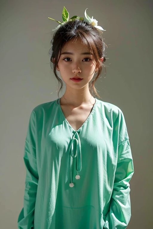 Green clothes、Drink bottled water, Highest quality, masterpiece, Ultra-high resolution, (Realistic:1.4), RAW Photos, one person's, Off the shoulder, Deep Shadow, Moderate, short hair, roadside,walk, 20-year-old,Cute Face, Small breasts, Tight shirt,(Cowboy Shot:1.5), Lens flare,