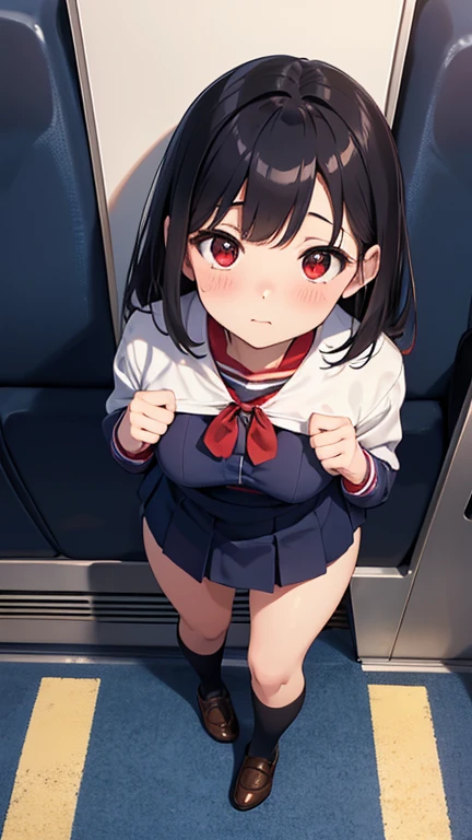 yukimi, 10., long hair, dull bangs, flat chest, No expression, shy, whole body, highest quality,  (randoseru red backpack:1.4), in a crowded train、In a train seat、There are a lot of guys around、In underwear、angle from below、kneel down、(small area white panties:1.4)、(masturbation:1.4)、(molestationがパンティの中に手を入れる:1.4)、Striped pattern、embarrassing、Transparent、molestation、