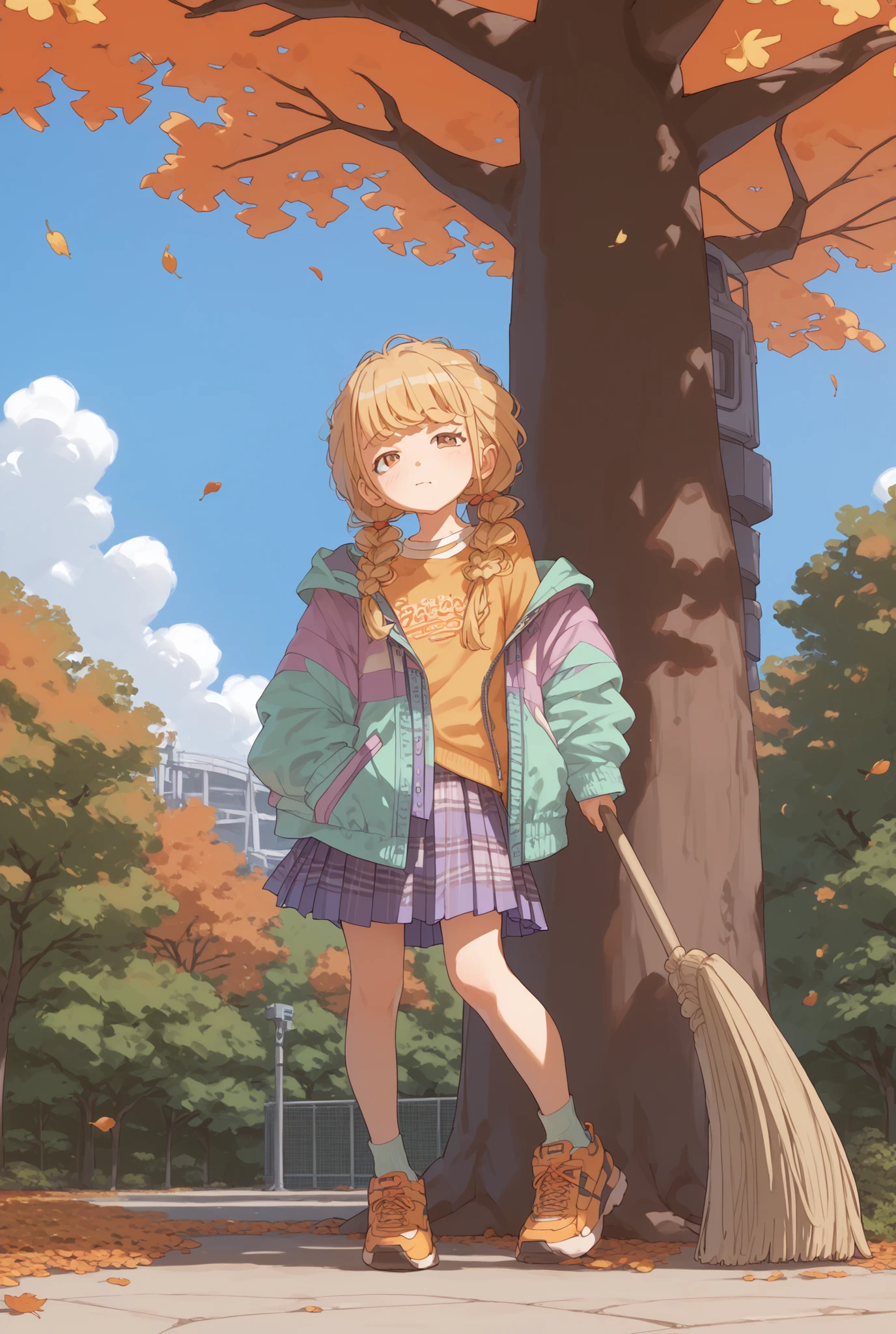 1 girl on break day, solo, So_Fujita, 1 girl, braids, twin tails on par with Mecha, long hair, twin braidss, bangs, bedroom brown eyes,ground,standing figure,plaid pleated skirt, base color: sky blue, thin es: white, thick es: navy,orange long t-shirt dress,open front jumper with your shoulders out,masterpiece,best quality,8k,Under a tree in an autumn park,.carry a broom and sweep up fallen leaves,Sleepy face,