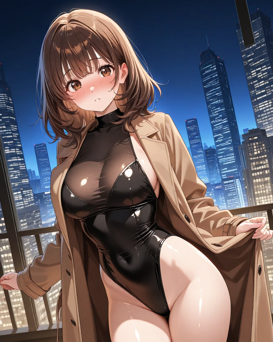 Beautiful Woman Raincoat
　Beautiful bodystocking latex
　Light　Brown Hair　smile　　magic　Masterpiece Night　Starry Sky　Magic sexy, extremely beautiful 22歳　Big Breasts Beautiful Eyeagical gentle lighting    涙　cowboy shot