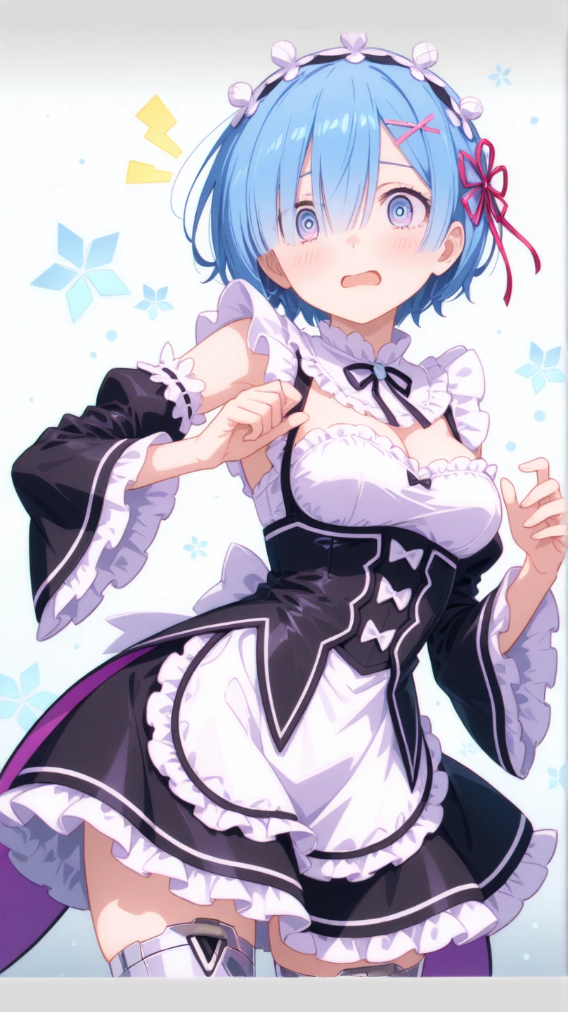 1 girl, rem from re:zero, adult, blue eyes, blue hair, red lipstick, smile warmly, beautiful, blush, cleavage, maid outfit, skirt, white stockings, headband, white stockings, black high heels, pumps, one shoe off, sole