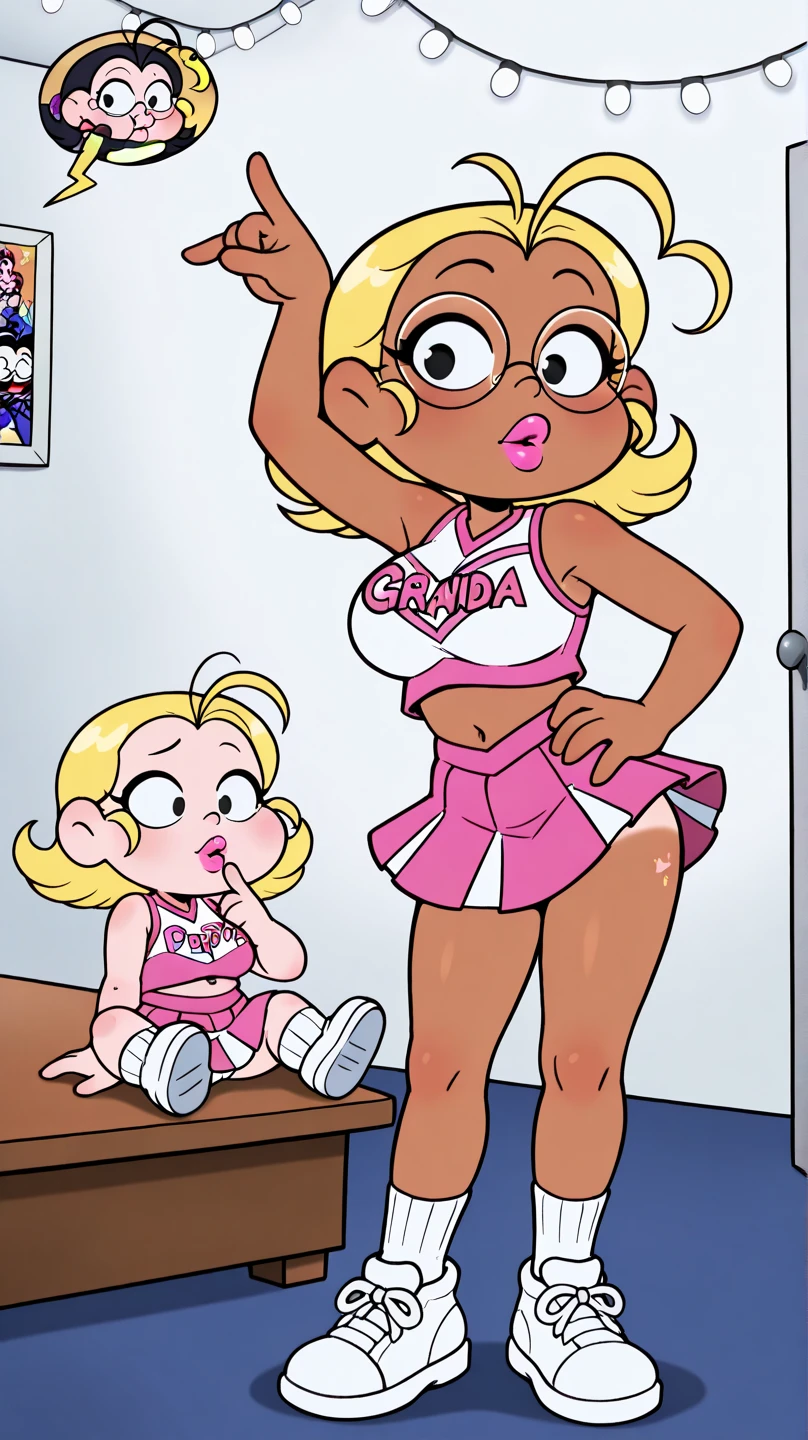 Clover, totally spies, blonde hair, medium hair, blue eyes, skinny, pink top, white skirt, bare shoulders, doggystyle position sex, fat man, room, pink running-shoes trainers, on all fours, tank-top, smile, half-closed eyes