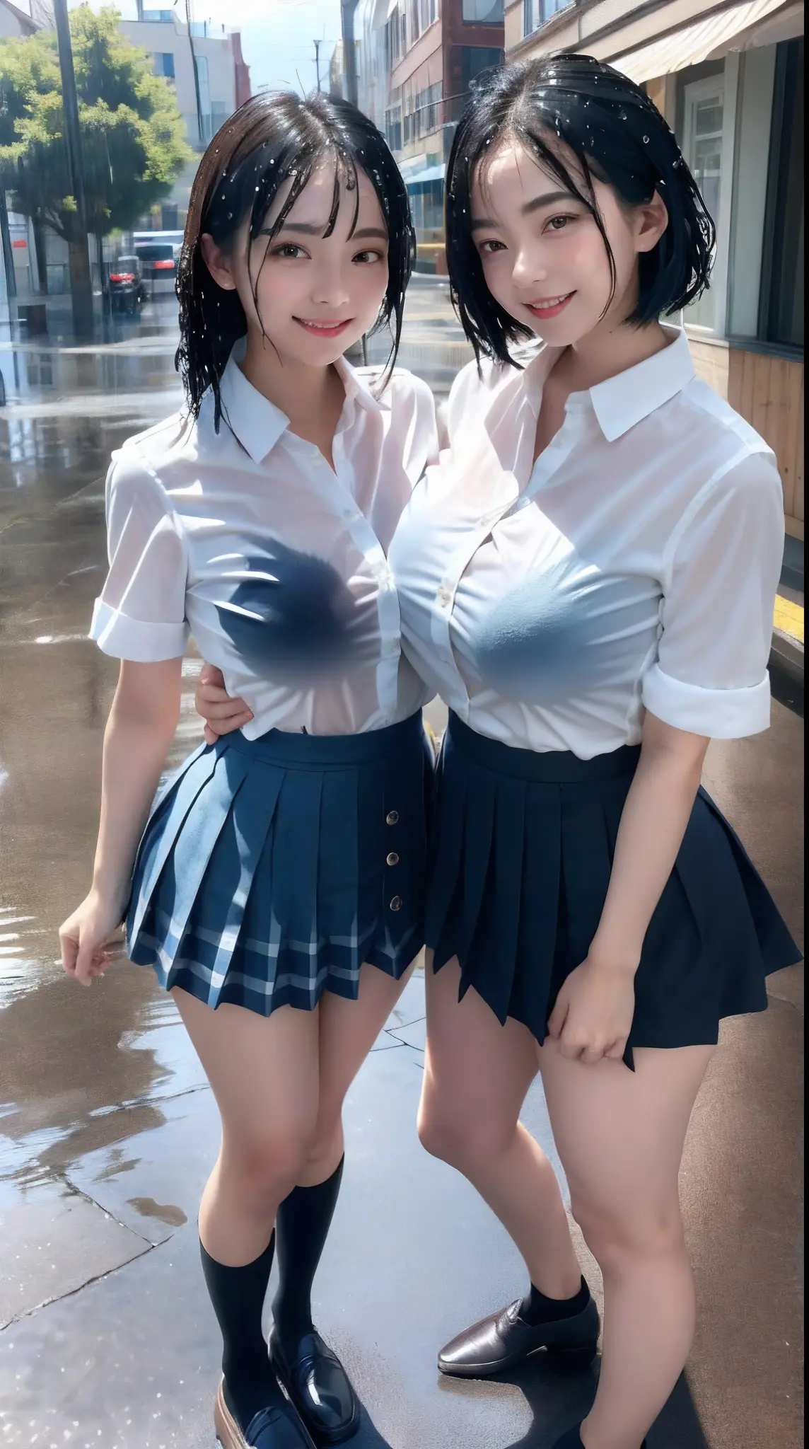(8K, 超A high resolution, Best Quality, masutepiece:1.2),(18year old:1.2)、(Look away)、8K、RAW portrait of japanese girl、Photorealsitic、超A high resolution、top-quality、 (huge-breasted、Close all buttons on the shirt:1.4)(student clothes、Pure White Cutter Shirt、Check Pleated Mini Skirt:1.35)、(in a street:1.2) BREAK (Natural Skin Texture、Detailed skin、Hyper-Realism、ultra sharpness)、intricate detailes、depth of fields(Put a white shirt inside the skirt:1.3)、Show the armpits、Light Blue Plaid Pleated Micro Mini Skirt(Black hair long straight、Shiny legs、Black loafers、Black stockings:1.3)(Female duo、Two women hugging each other、Two women touching each other's buttocks:1.4)(rainy day、rain is falling、Rain-drenched body:1.4)