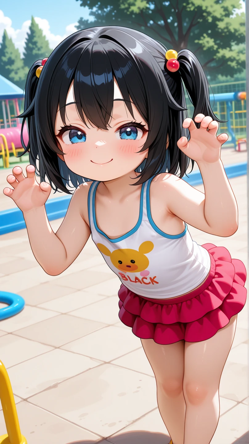 Swimwear、セパレートSwimwear、Girl、Girl、Mini character、、small、Black Hair,、The forehead is visible、Forehead、whole body、
