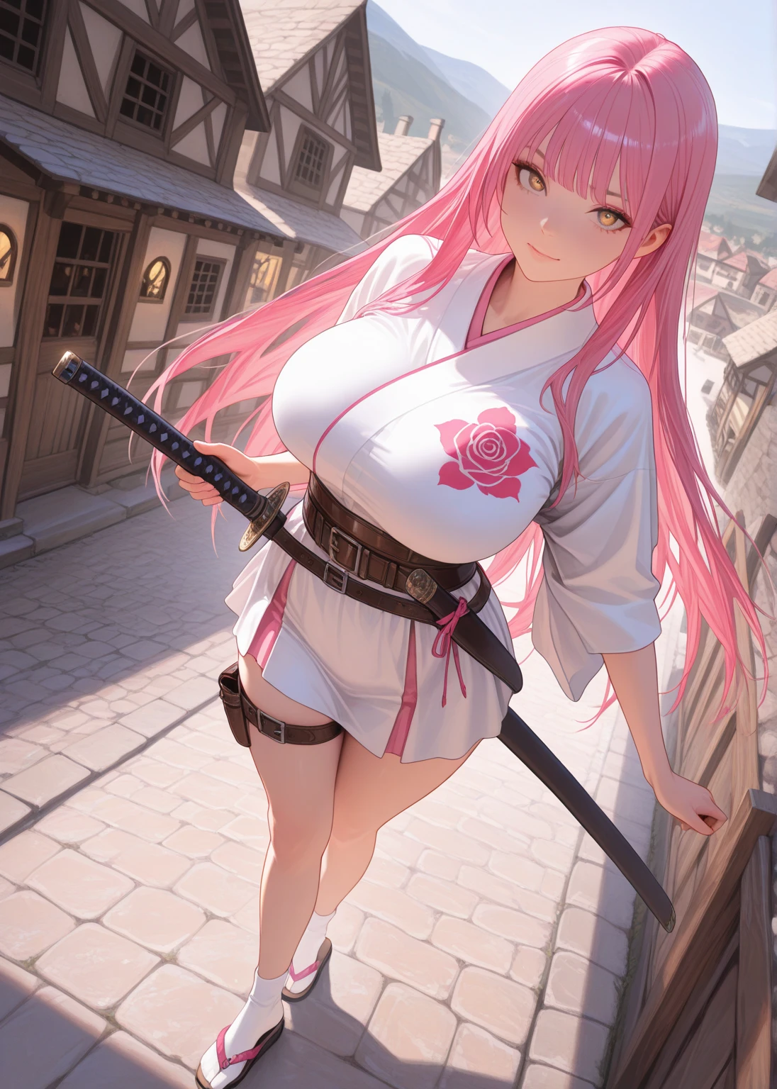 4K,High resolution,One Woman,Pink Hair,Long Ponytail,Blue Eyes,Huge boobs,Swordsman,White samurai armor,breast curtains,Sleeveless,White shoes,Jewelry decoration,Japanese sword,Japanese Town