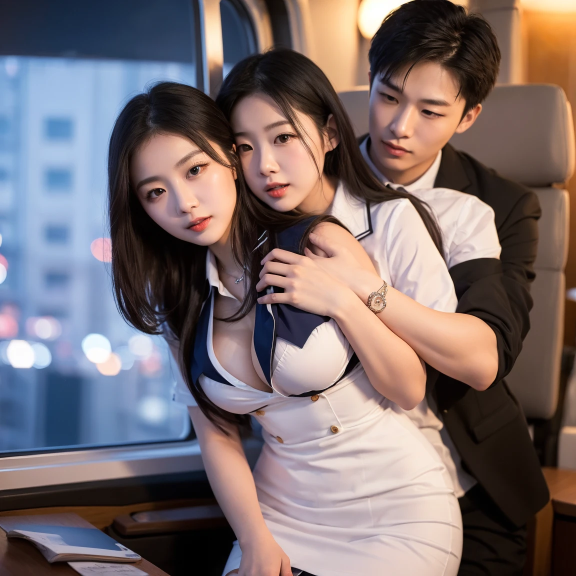 (in 8K、Raw photography、Highest Quality、realisitic、Photorealsitic、Professional Lighting、masterpiece、extremely delicate and beautiful、Highly detailed、finely detail、ultra-detailliert、hight resolution、full-shot)、SFW、VERY crowded train detailed scenario、1girl in、Beautuful Women(woman 1)ha、Wearing a black dress、Beautiful face:1.5、Model body type、small tits、All passengers except one female are male.....:3、Young man in suit、(woman 1)Touching the body of、Young men(woman 1)hug from behind、Young men(woman 1)Touching the chest of、Young men(woman 1)Flip up the skirt of、Black panties are visible、(((Smiling)))、
