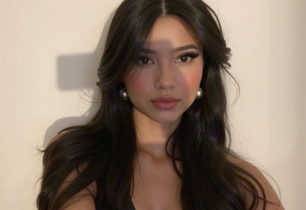 Beautiful 23-year-old influencer woman, with long black hair, clear test, Latin features