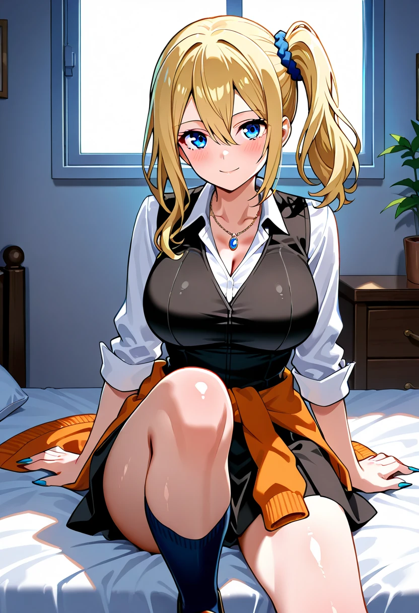 (highres, high quality, best quality:1.3), intricate details, vibrant image, colorful, volumentric lighting, saiminseishidou, Darkness, 1girl, solo, cowboy shot, (from below:1.2), looking down, looking at viewer, eye contact, (spread legs:1.2), (skirt tug:1.3),
(seductive look:1.2), seductive smile,
cleavage,
Yellow_hair, long_hair, hair_pulled_back,parted_lips, blue_eyes, braid,
1 girl, 18yo,mature female,Beautiful Finger,Beautiful long legs,Beautiful body,Beautiful Nose,Beautiful character design, perfect eyes, perfect face, perfect fingers, perfect hands, perfect breasts, perfect body, perfect mouth, perfect lips,
looking at viewer, in the center of the image,
SFW,official art,extremely detailed body, exteremly detailed face, extremely detailed hair, extremely detailed eyes, wallpaper, perfect lighting,Colorful, Bright_Front_face_Lighting,
(masterpiece:1.0), ultra high res,4K,ultra-detailed, 8K, HDR, highres, absurdres:1.2, Kodak portra 400, film grain, blurry background, bokeh:1.2, lens flare, (vibrant_color:1.2)
(Beautiful,large_Breasts:1.2), (beautiful_face:1.5)