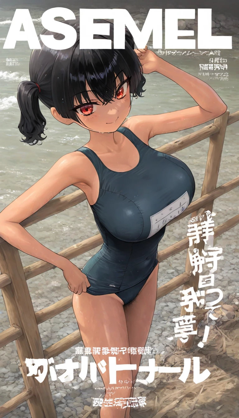 (Magazine cover),wavy hair,Japanese mature swimming coach, Bright big eyes(Wearing a black and red high-cut swimsuit),(Tanned skin),Blushing,Sweat all over the body,Perfect breasts,lie on the floor,Perfect body,Wet,Swimming pool,uhd, masterpiece, high details, high quality, best quality, highres