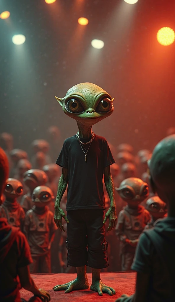 cinematic quality, a space alien waving to a gathered crowd of humane