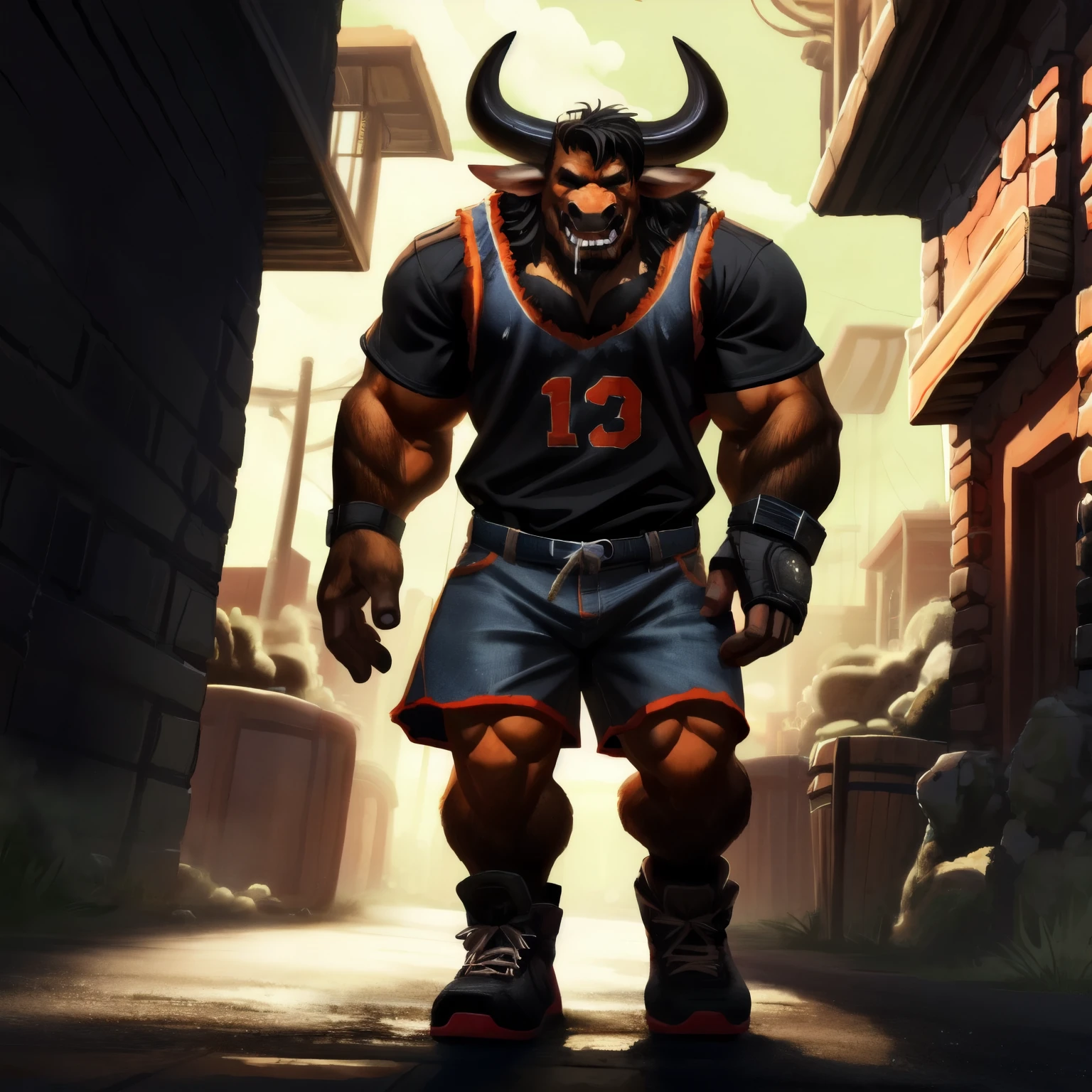 //Character 1boy, solo, anthro furry, minotaur, bull, large curved horns, brown fur, brown-black beard, dark patterns, red eyes, eyes with scars, white hair, brown-black hair tips, brown-black chest hair, Brown eyebrows, Brown tail //Dress Gang boss attire, in the style of a 90s rapper. A baggy blue New York Knicks basketball jersey with the number 13, frayed denim shorts, dangling wallet chains, and a flat cap turned backward. //Scene/Background/Object a modern urban alley, with an air of danger at night //Composition dominance angle, //Expression/Pose On his knees, clumsily getting up from the ground with a wicked smile, glowing yellow eyes, drooling as if possessed by a demon. //Lighting/Effects With cold lighting, in a dark alley illuminated by the full moon from behind. With an air of mystery and a touch of terror. //Quality masterpiece, best quality, very awa, perfect for character illustration.