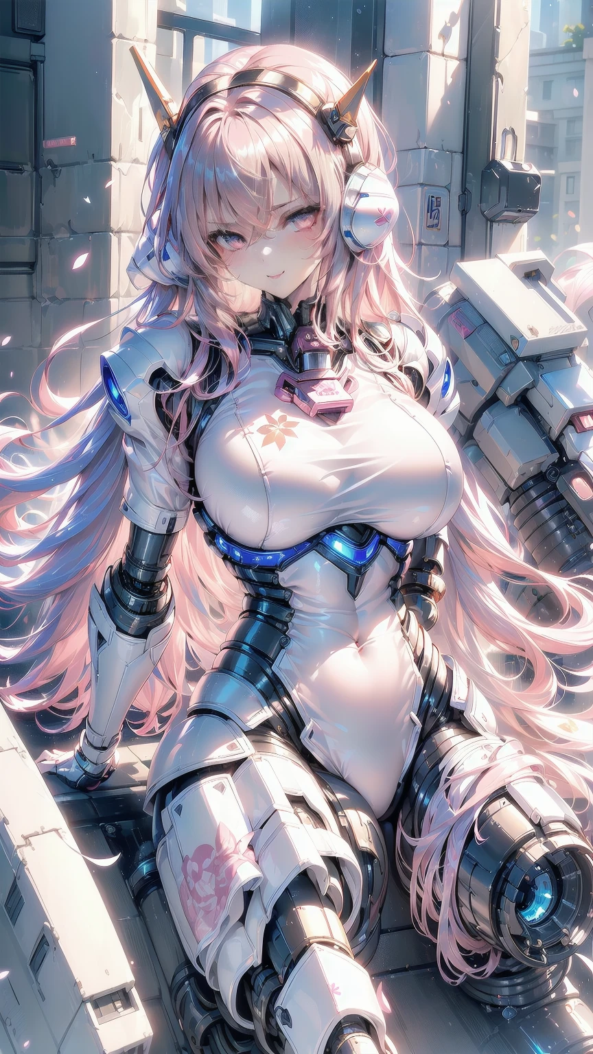 (((Masterpiece)))), (((highest quality)))), ((Ultra Definition)), (Very Detailed Photoreality), (((Very Delicate and Beautiful)), (Delicate and Pretty Face), Cinematic Light, (((1 Machine Girl)), Solo, Full Body, Big, Cleavage Is Visible Skin, White Hair, Purple Eyes, Luminous Eyes, (Mechanical Joint: 1.4), (Mechanical limbs)), (Blood vessels connected to tubes), (( Mechanical vertebrae attached to the back)), (((cervical vertebrae of the machine) attached to the neck)), ((sitting)), expressionless, (wires and cables attached to the head and body: 1.5), (character focus), small LED lamps on the body, Evangelion, SF, detailed neon
