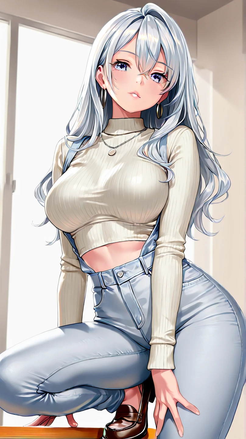 liliana 1girl, solo, long hair, looking at viewer, bangs, blue eyes, white hair, dark skin, blunt bangs, dark-skinned female,
BREAK ((cotton sweater,jeans,jewelry, earrings, necklace:1.5)) 
BREAK pov, , ,
BREAK (masterpiece:1.2), best quality, high resolution, unity 8k wallpaper, (illustration:0.8), (beautiful detailed eyes:1.6), extremely detailed face, perfect lighting, extremely detailed CG, (perfect hands, perfect ),