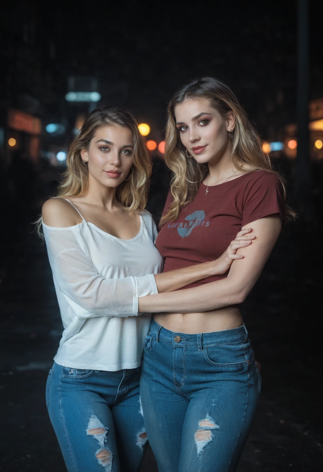 Redhead, slender girl, (thin and slender), Western, (unbuttoned white shirt, very low-cut shirt), (low-rise denim sneakers). Visible hips and groin. thin legs. thigh gap, talons aiguillearche dans la rue), stories, ((Night)), (night lighting, neon light masterpiece), best quality, high resolution, extremely detailed, amsterdam street at night, depth of field, Cinema lighting, (bokeh particles)