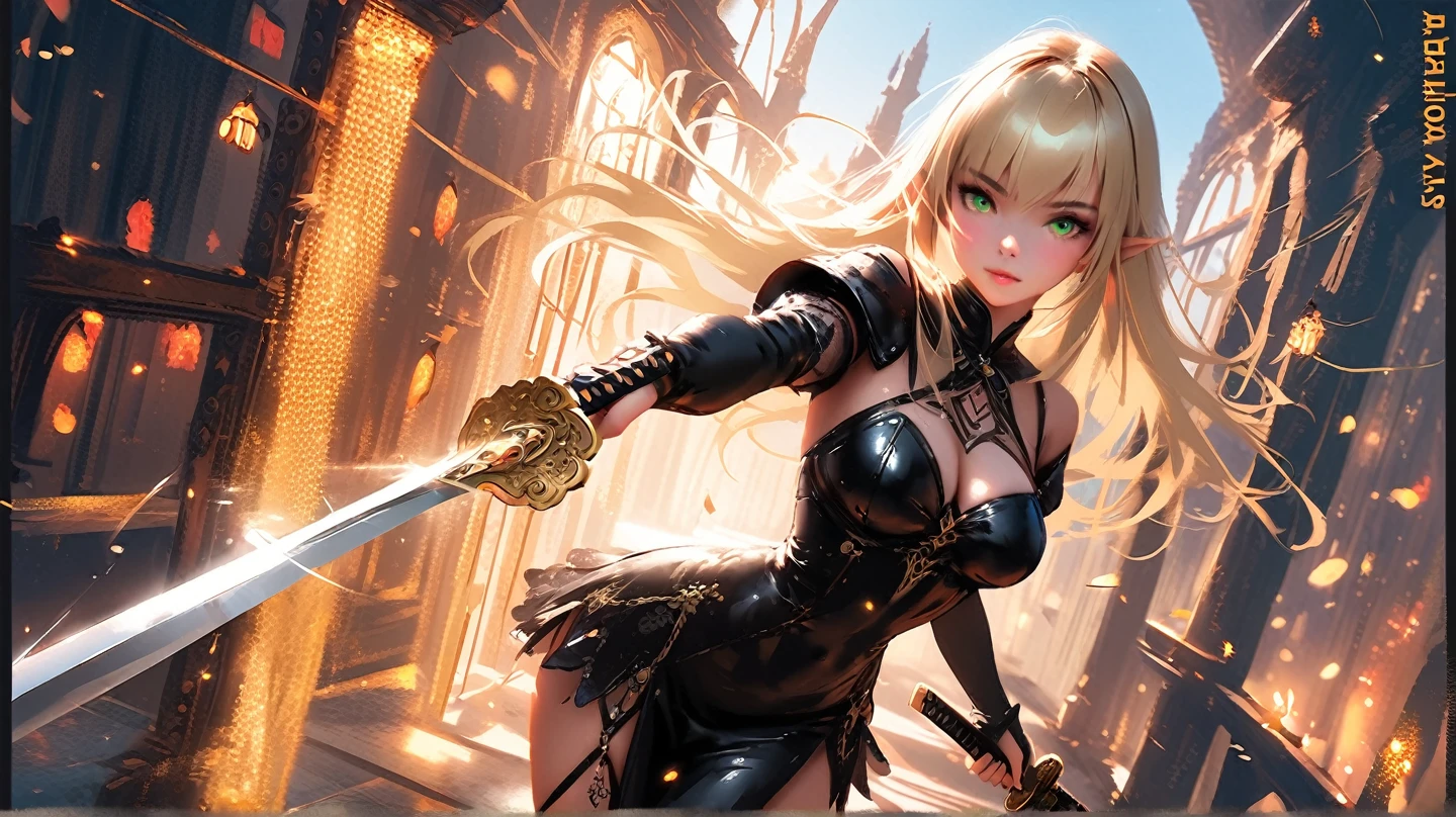 Blonde beauty，Short ponytail，Chest，cleavage，black tights，Black sci-fi armor，Long skirt，cross sword，maze(masterpiece, best quality, high quality, High resolution, Extremely detailed),
